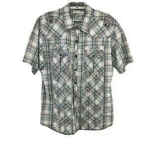 BKE Athletic Fit Mens Large Pearl Snap Shirt Short Sleeve Western Raw Trim